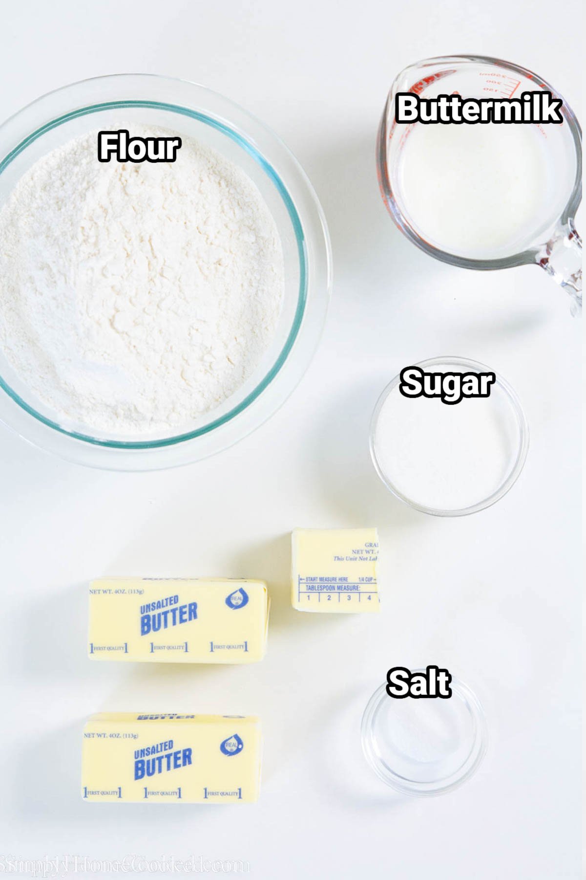 Ingredients for Homemade Pie Crust: flour, buttermilk, sugar, butter, and salt.