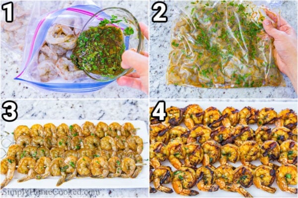 Steps for making Shrimp Quinoa Bowl: combine olive oil, grated garlic cloves, chopped cilantro, zest and juice of a lime, chili powder, black pepper, and salt in a ziplock bag and marinate the shrimp in it. Then put them on skewers and cook.