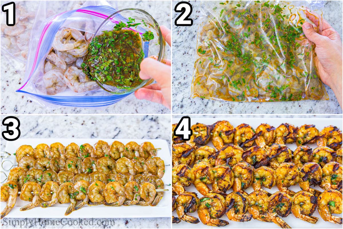 Grilled cilantro lime shrimp with tricolor quinoa and freshly chopped vegetables. This is a true summer delight that is fresh, healthy, and so delicious! #quinoa #shrimpbowls #summerfood #grilledshrimp #shrimprecipe #summerdinner #healthy #lowcarb Steps for making Shrimp Quinoa Bowl: combine olive oil, grated garlic cloves, chopped cilantro, zest and juice of a lime, chili powder, black pepper, and salt in a ziplock bag and marinate the shrimp in it. Then put them on skewers and cook.