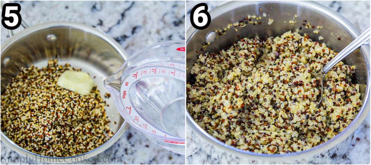 Steps for making Shrimp Quinoa Bowl: cook the quinoa with butter and water.