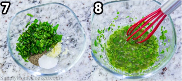 Steps for making Shrimp Quinoa Bowl: make the dressing by whisking together the olive oil, juice of a lime, grated garlic clove, cilantro, black pepper, and salt.