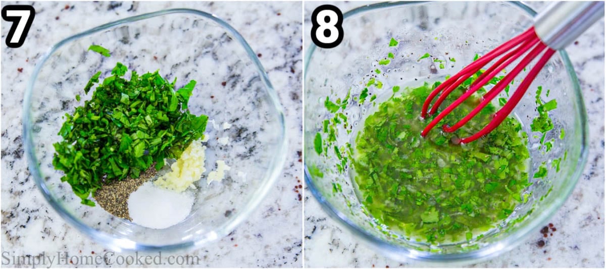 Steps for making Shrimp Quinoa Bowl: make the dressing by whisking together the olive oil, juice of a lime, grated garlic clove, cilantro, black pepper, and salt.