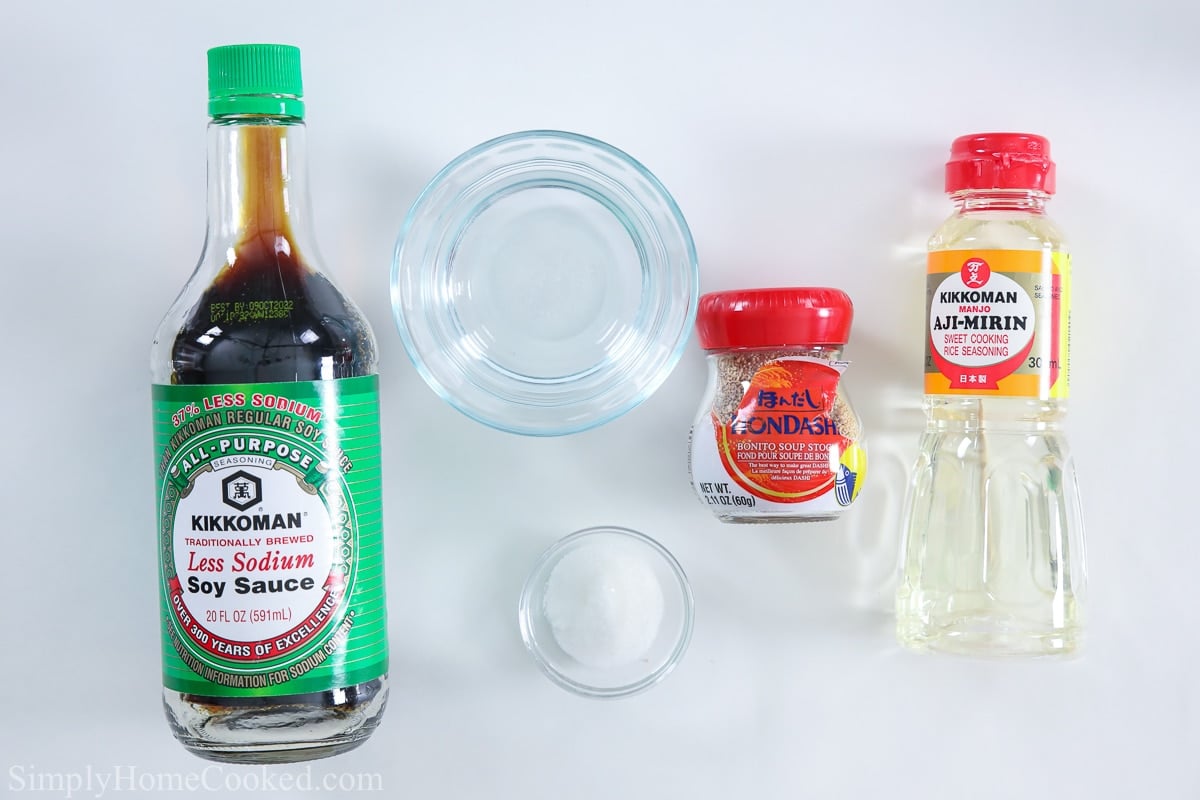 Ingredients for Tempura Dipping Sauce: dashi powder, water, soy sauce, granulated sugar, and mirin.