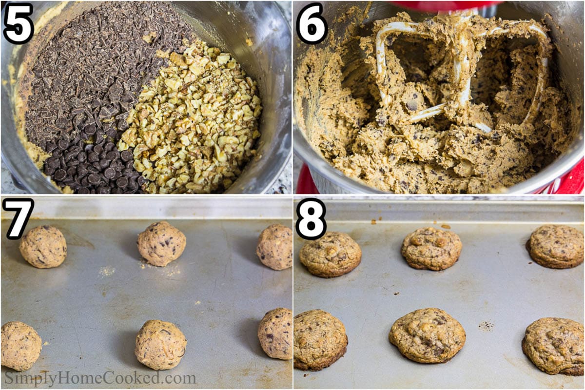Steps to make Chocolate Chip Walnut Cookies: add the chocolate and walnuts to the dough and mix with a paddle attachment, then shape the cookies into balls and bake,