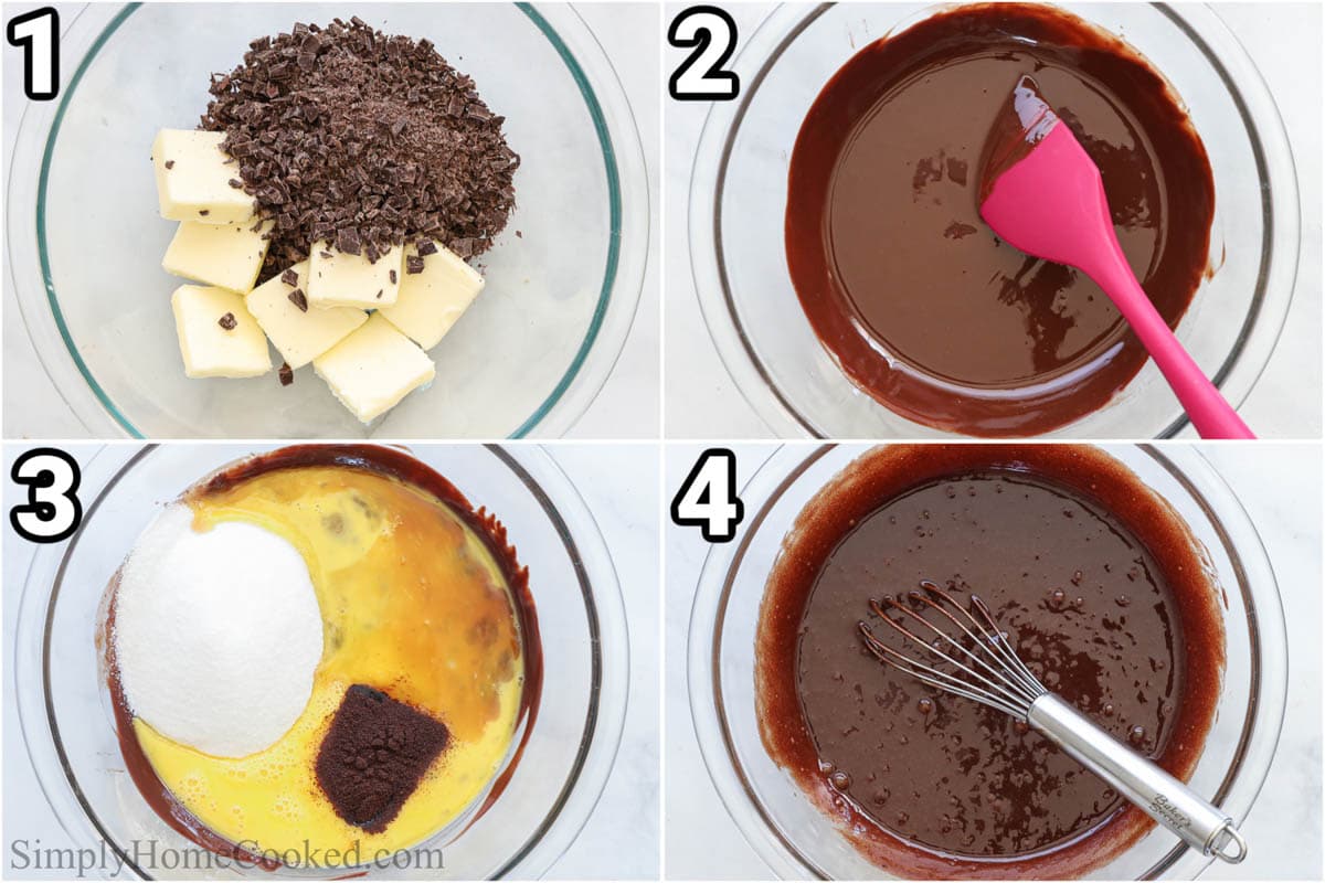 Steps to make Flourless Chocolate Cake: melt the butter and chocolate together, then add the vanilla, eggs, sugar, and espresso powder, and whisk together.