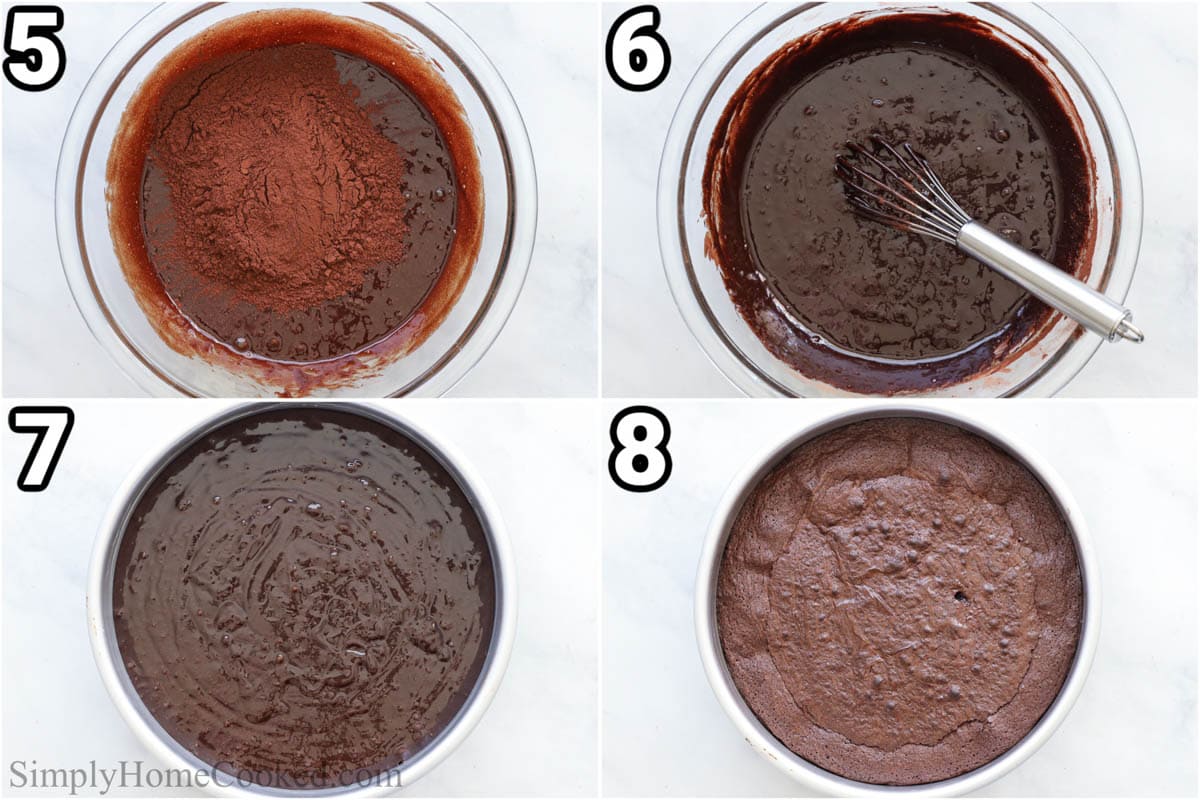 Steps to make Flourless Chocolate Cake: add the cocoa powder and then pour the whisked batter into the cake pan and bake.