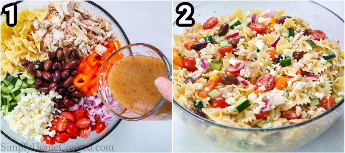 Greek Chicken Pasta Salad Steps Steps to make Greek Chicken Pasta Salad: chopping the chicken and vegetables and adding them to a bowl with Greek salad dressing, then tossing with pasta and feta cheese.