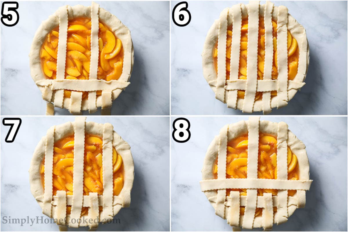 Steps to make Perfect Peach Pie: roll out the crust in a pie pan and then add the filling, topping with an overlapping lattice.