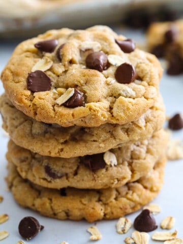 Stack of Chewy Peanut Butter Oatmeal Cookies with chocolate chips.