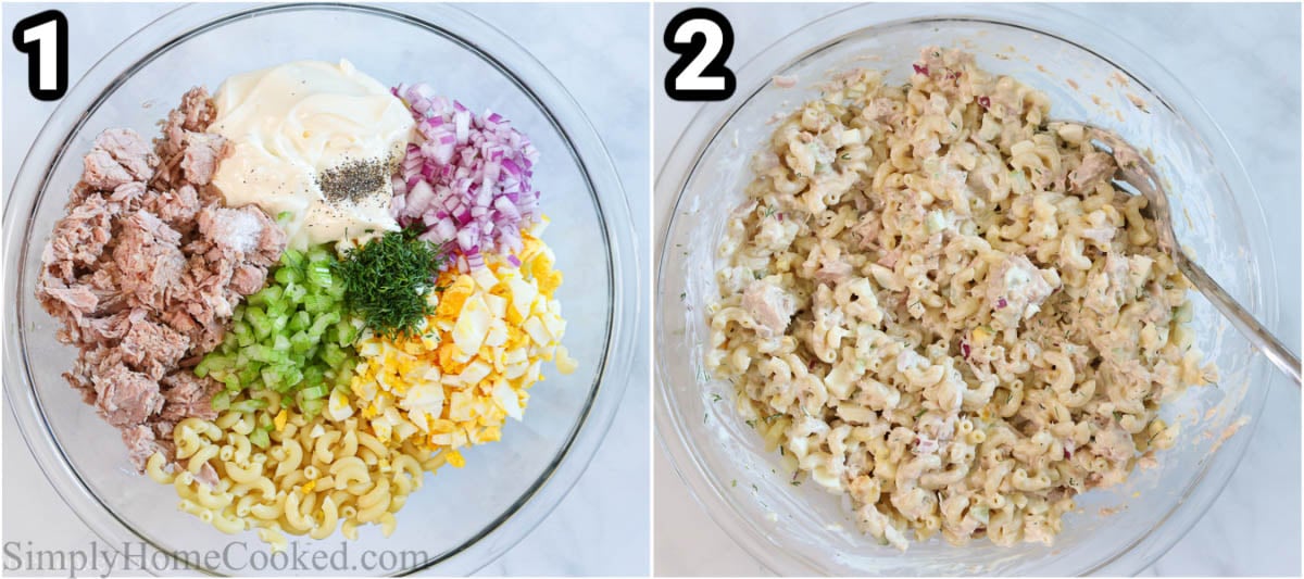 Steps for making Tuna Pasta Salad: combine the cooked pasta with the tuna, celery, onion, mayo, salt, pepper, dill, and eggs, then mix.