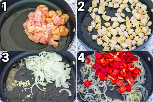 Steps to make Warm Broccoli Salad: cook the chicken, then saute the onion, garlic, and bell pepper.