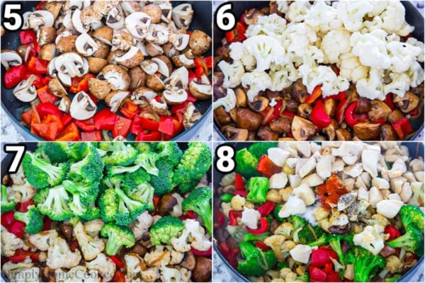 Steps to make Warm Broccoli Salad: saute the mushrooms, then the cauliflower, and broccoli. Then combine with the chicken.