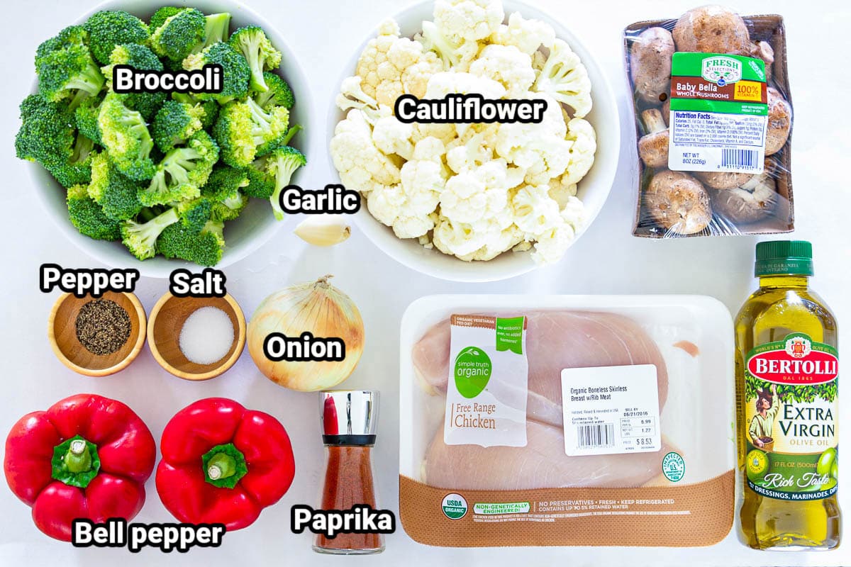 Ingredients for Warm Broccoli Salad: broccoli, cauliflower, mushrooms, bell peppers, garlic, onion, chicken, olive oil, paprika, salt, and black pepper.