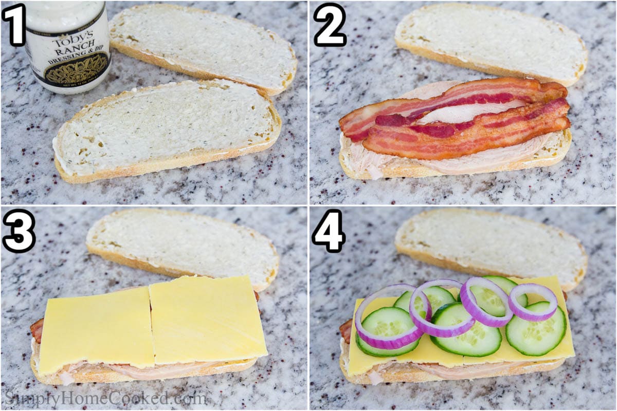 Steps to make a Turkey Melt: spread ranch on the bread, then layer on the bacon, cheese, cucumber, and red onion.