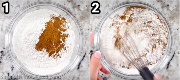 Steps to make Cinnamon Apple Muffins: combining the flour, baking powder, baking soda, salt, and cinnamon with a whisk in a bowl.
