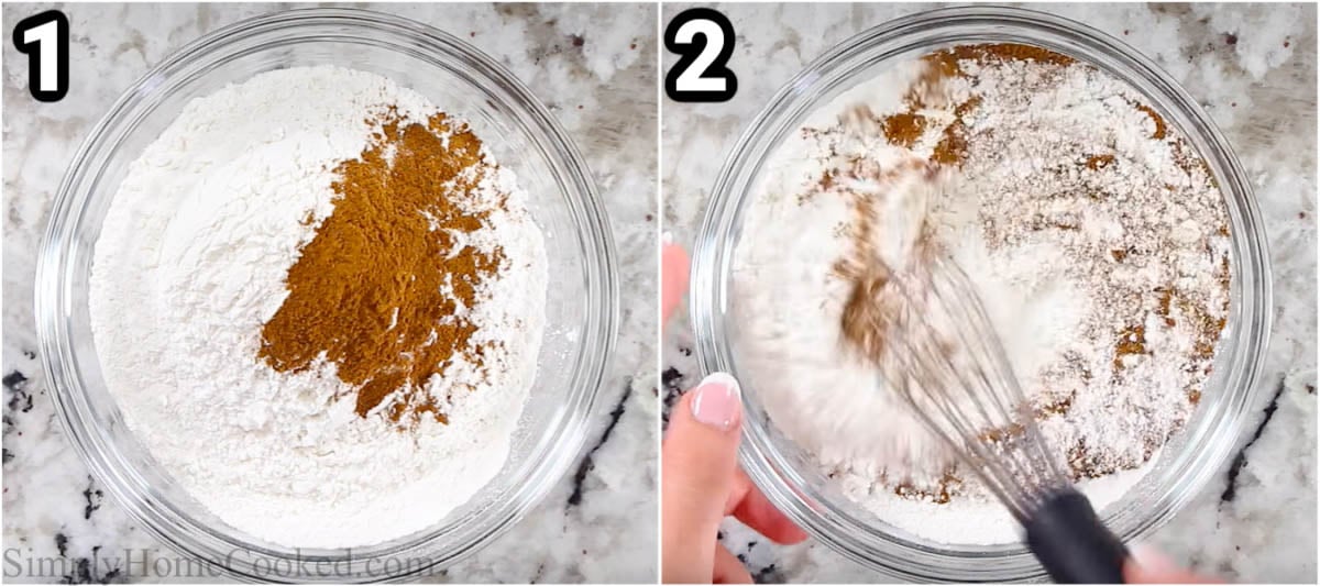 Steps to make Cinnamon Apple Muffins: combining the flour, baking powder, baking soda, salt, and cinnamon with a whisk in a bowl.