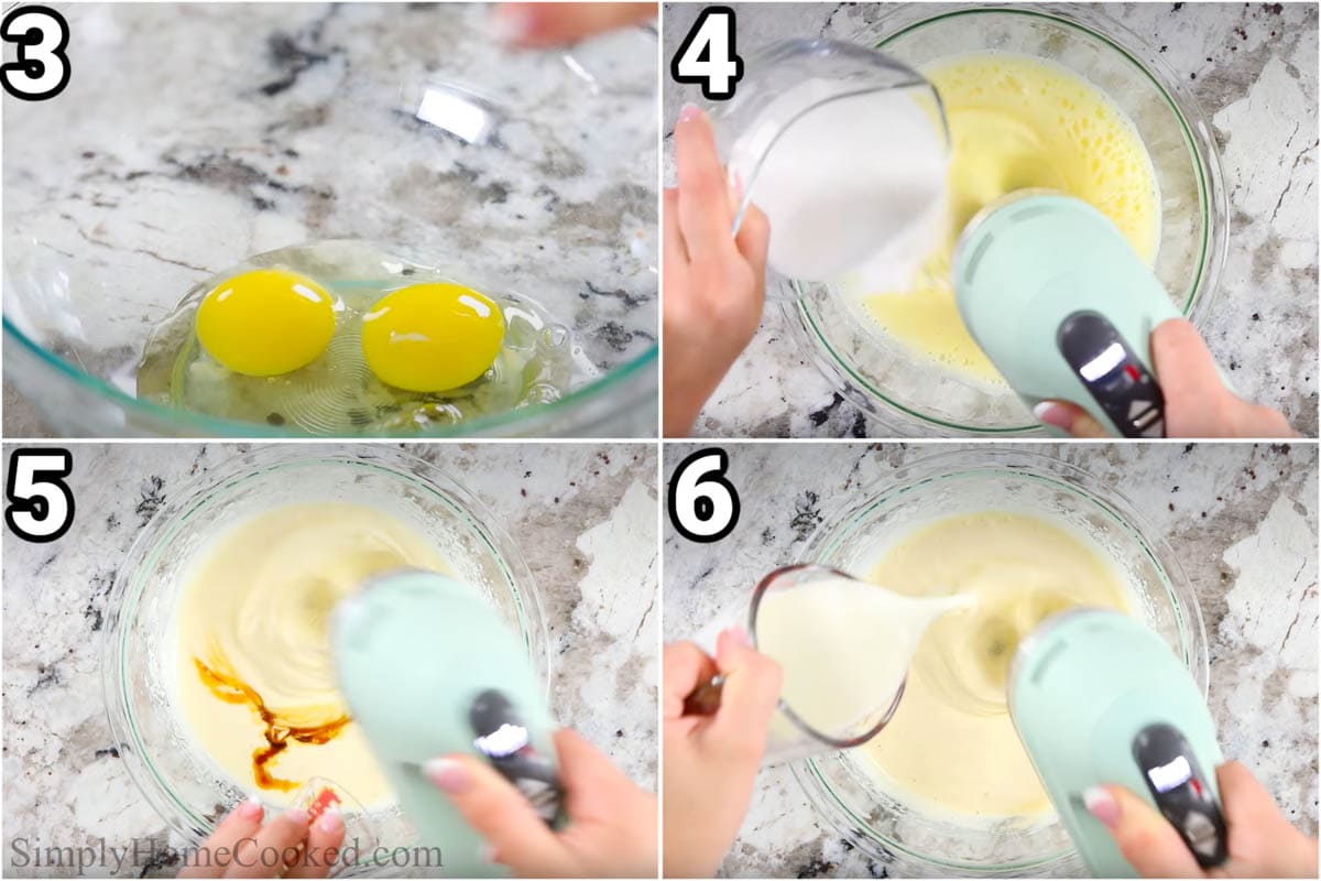 Steps to make Cinnamon Apple Muffins: beat the eggs until fluffy and add the sugar, then the vanilla and heavy cream.