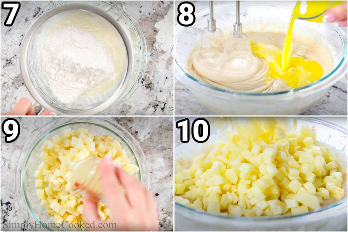 Steps to make Cinnamon Apple Muffins: sift the dry ingredients into the batter, then add melted butter. Chop the apples, add lemon juice, and then add them to the batter.