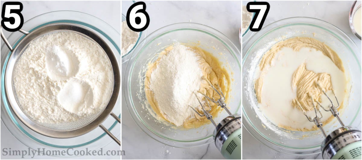 Steps to make Apple Fritter Bread: sift the flour, baking soda, and salt together, then add it to the batter with buttermilk and combine.