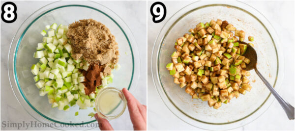 Steps to make Apple Fritter Bread: dice the apples and combine with lemon juice, cinnamon, and brown sugar with a spoon.
