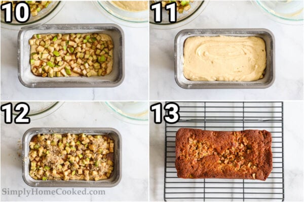 Steps to make Apple Fritter Bread: place the batter in a loaf pan and top with apple mixture, then add the rest of the batter, bake, top with more apples and then bake again.
