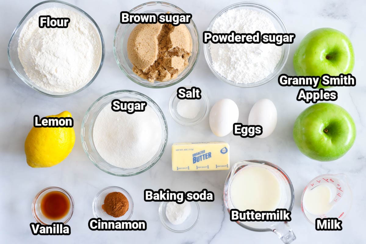 Ingredients for Apple Fritter Bread: flour, brown sugar, sugar, lemon, vanilla, cinnamon, baking soda, salt, eggs, butter, powdered sugar, Granny Smith apples, buttermilk, and milk.