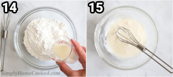 Steps to make Apple Fritter Bread: make the icing for the bread by combining milk and powdered sugar with a whisk.