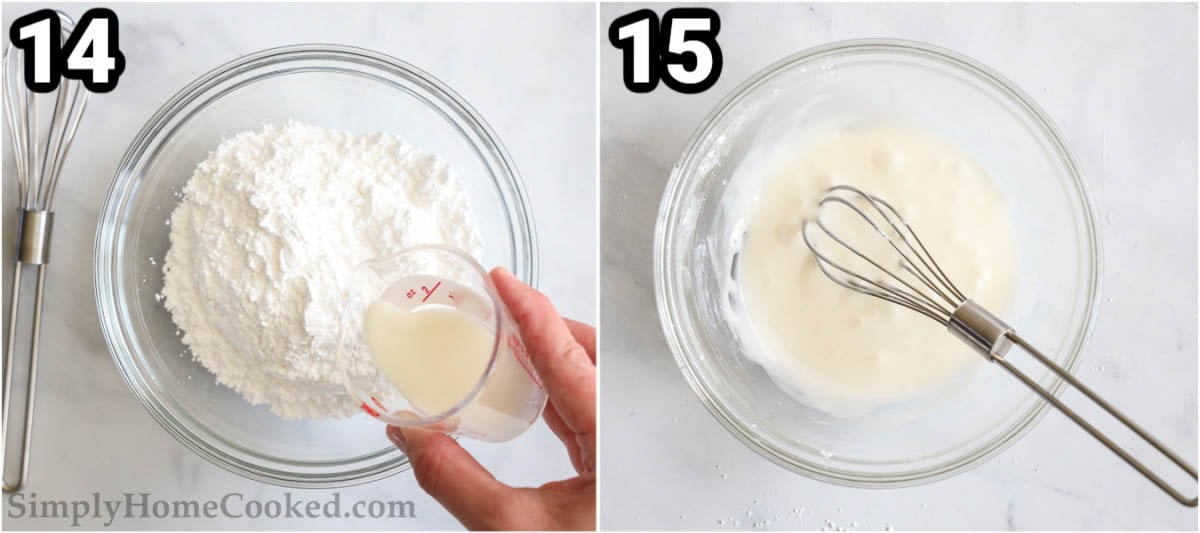 Steps to make Apple Fritter Bread: make the icing for the bread by combining milk and powdered sugar with a whisk.