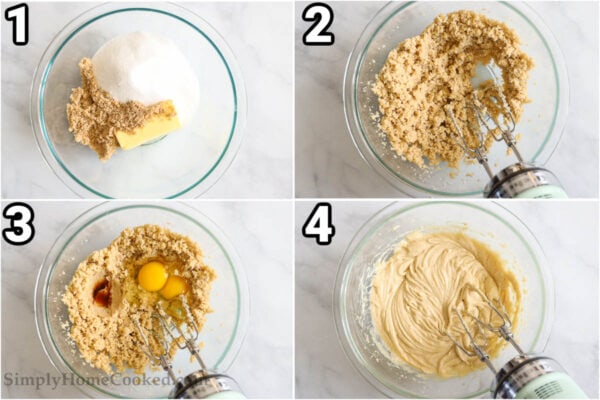 Steps to make Apple Fritter Bread: cream the butter and sugars together with an electric hand mixer, then add the vanilla and eggs and mix.
