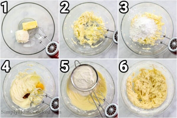 Steps to make Cream Cheese Cookies: combine the cream cheese and butter, then add the powdered sugar, and finally the egg and vanilla before sifting in the flour and baking powder.