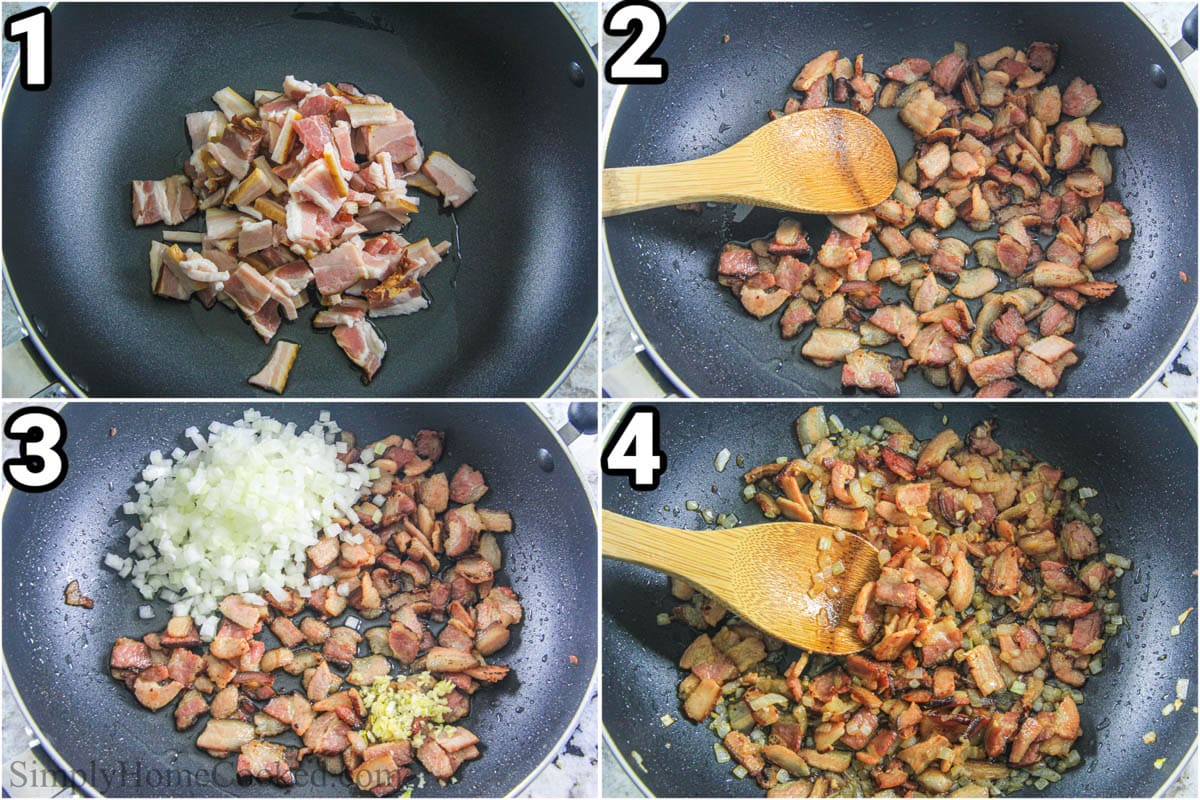 Steps to make Green Bean Salad with Bacon: chop the bacon and onion and mince the garlic, cook the bacon until crisp and then add the garlic and onion in.