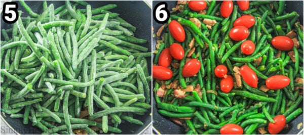 Steps to make Green Bean Salad with Bacon: add the frozen green beans and stir, then add the tomatoes, salt, and pepper.