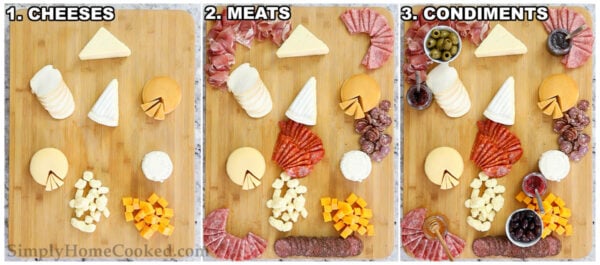 Steps to assemble an Ultimate Charcuterie Board: add the cheeses to the board, then the meats, and then the condiments.