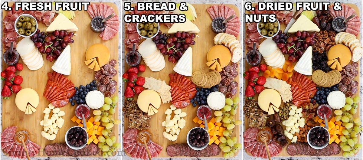 Steps to assemble an Ultimate Charcuterie Board: Add the fresh fruit, the breads and crackers, and finally the dried fruits and nuts.