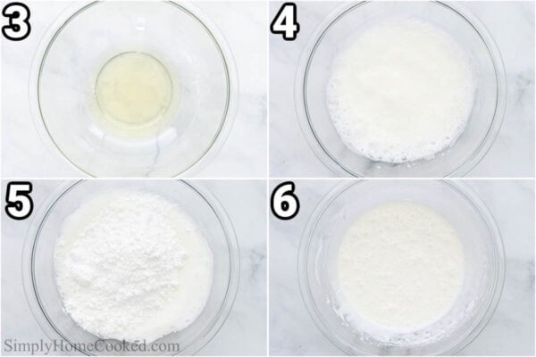 Steps to make Flourless Chocolate Cookies: whip the eggs and then add the powdered sugar and combine.