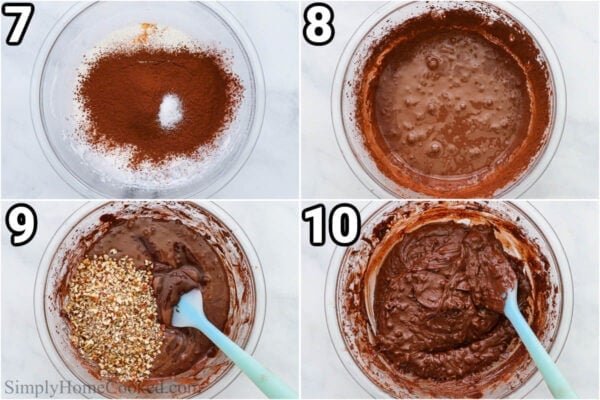 Steps to make Flourless Chocolate Cookies: add the cocoa powder, salt, and vanilla and mix, then add the pecans.