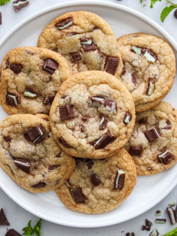 Vertical image of a plate of Mint Chocolate Chip Cookies