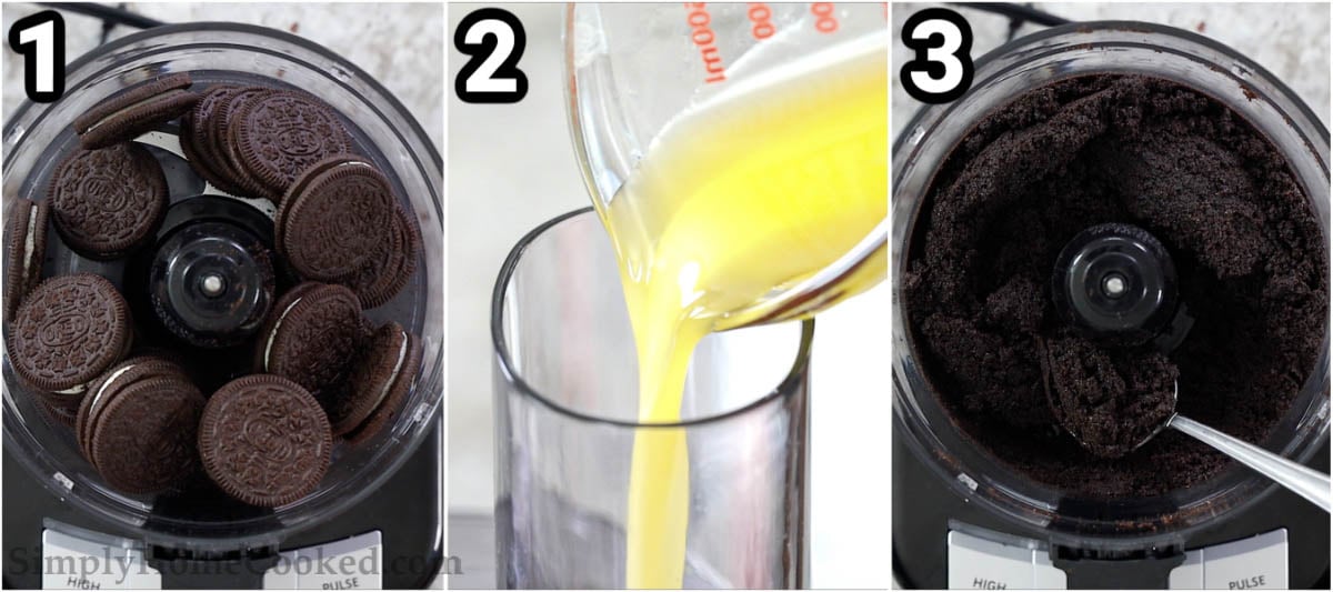 Steps to make Oreo Cheesecake: crumble the Oreo cookies in a food processor with melted butter.