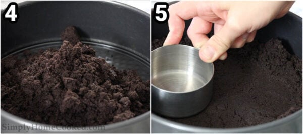 Steps to make Oreo Cheesecake: press the cookie crumb mixture down into a cake pan.