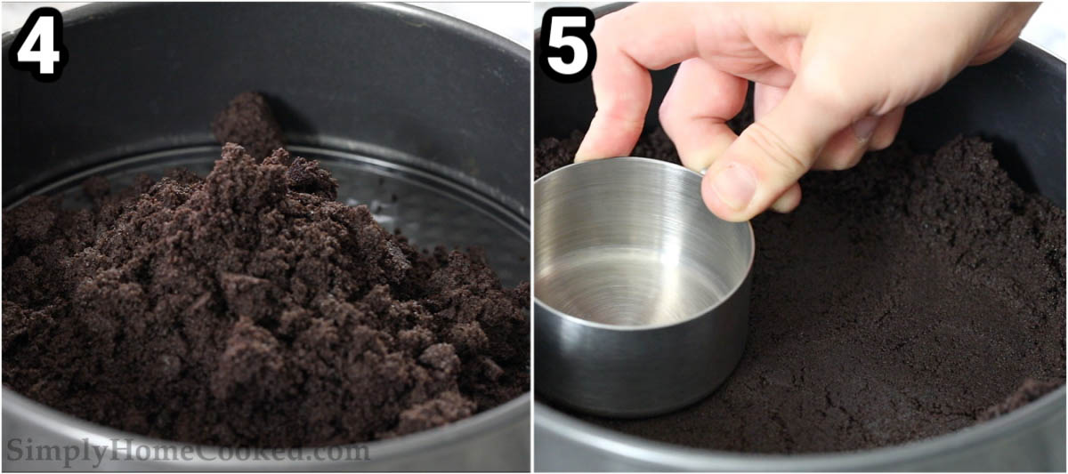 Steps to make Oreo Cheesecake: press the cookie crumb mixture down into a cake pan.