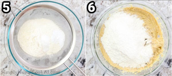 Steps to make Chewy Peanut Butter Oatmeal Cookies: sift the flour, baking soda, baking powder, and salt into the dough.