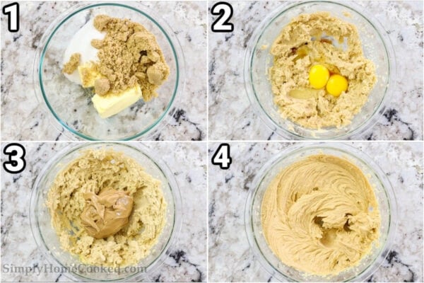 Steps to make Chewy Peanut Butter Oatmeal Cookies: cream the sugars and butter, then add the eggs and vanilla, and mix in the peanut butter.