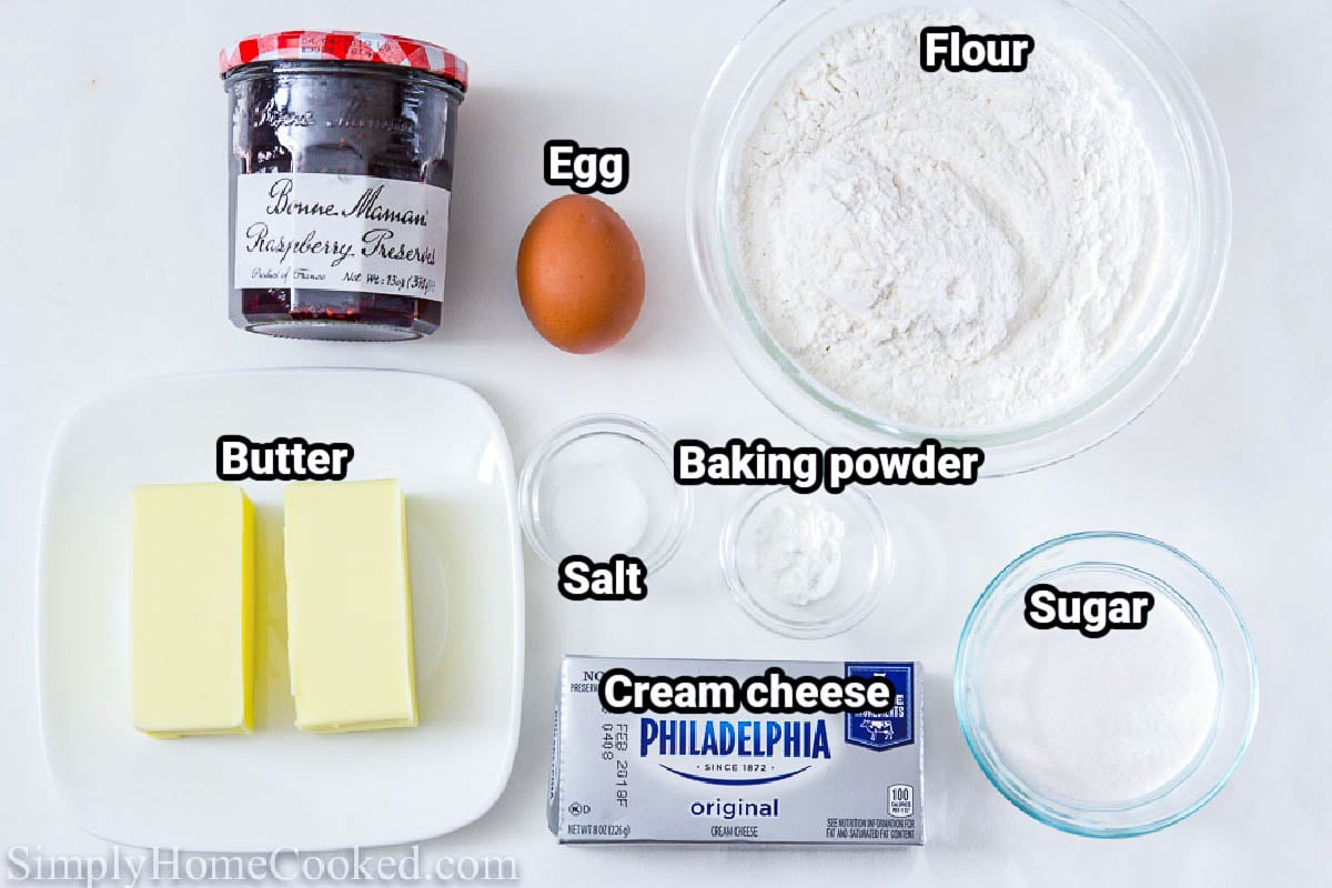 Ingredients for Linzer Cookies with Raspberry Jam: raspberry jam, butter, cream cheese, egg, baking powder, salt, flour, and sugar.