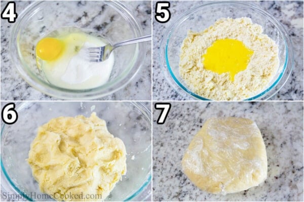 Steps to make Linzer Cookies with Raspberry Jam: combine the egg and sugar in a bowl with a fork, then add it to a well in the center of the flour mixture, combining and then wrapping up the dough to refrigerate.