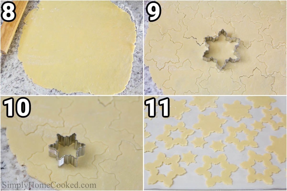 Steps to make Linzer Cookies with Raspberry Jam: roll out the dough, cut out the shapes, then roll it out again until the dough is all cut out.