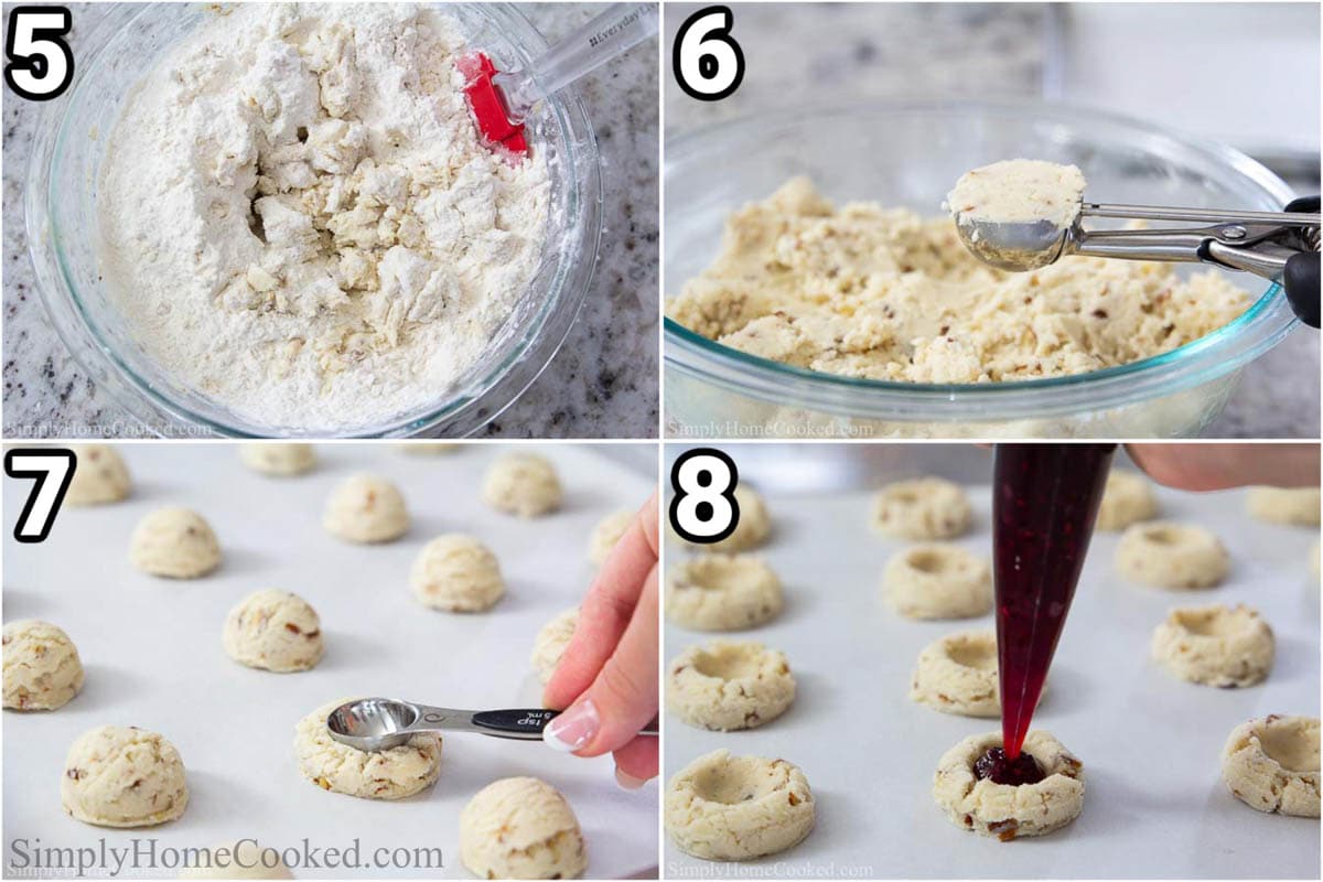 Steps to make Raspberry Thumbprint Cookies: fold the dough together with a spatula, then scoop the dough on to the cookie sheet, indent with a teaspoon, and pipe in the jam.