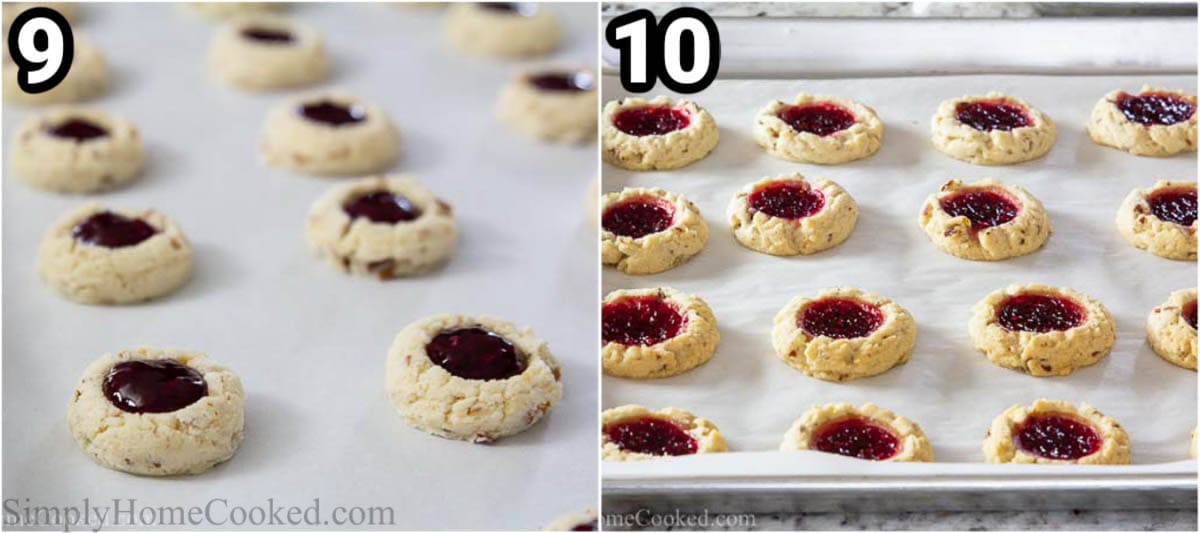 Steps to make Raspberry Thumbprint Cookies: line the cookies up on a parchment paper lined cookie sheet filled with raspberry jam and then bake them to golden brown.