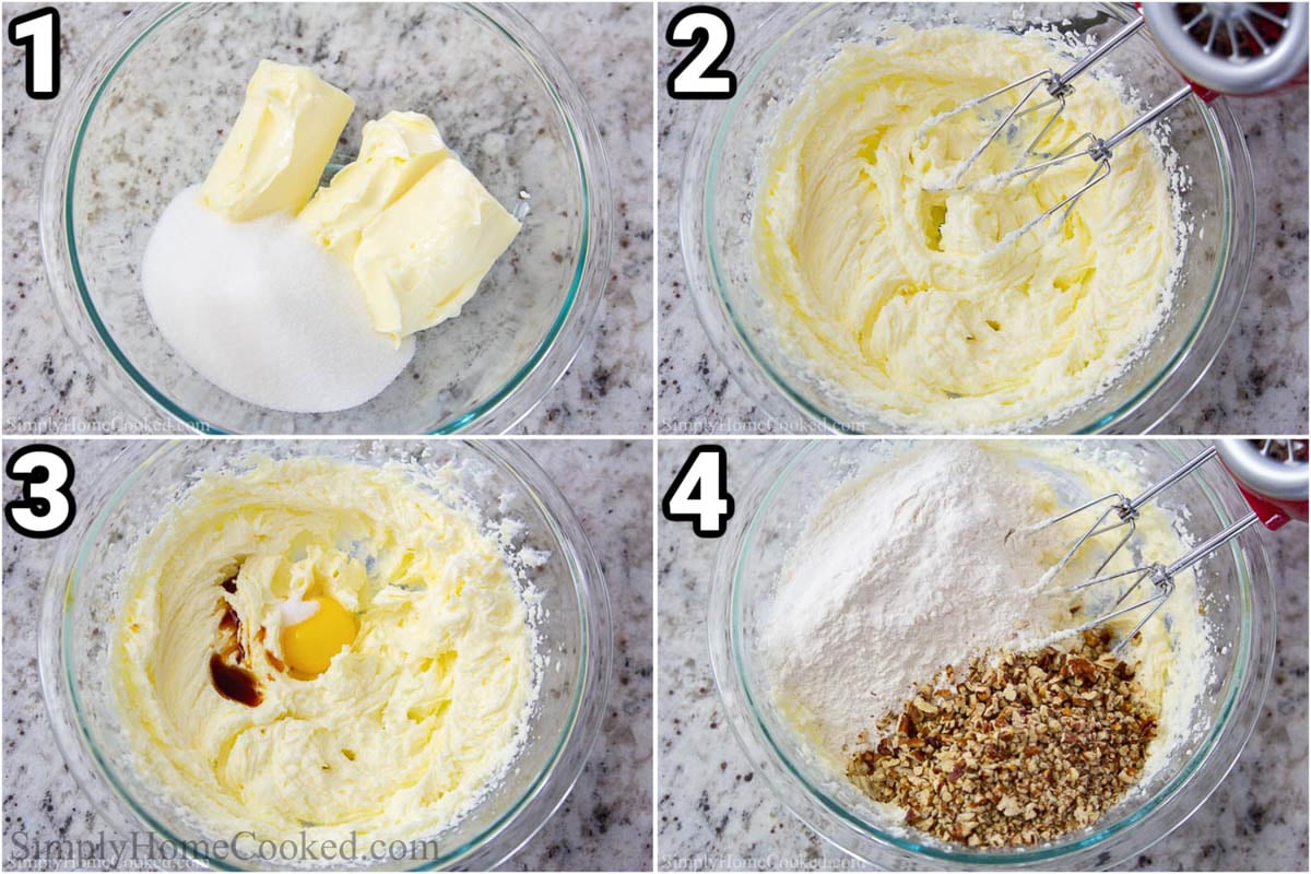 Steps to make Raspberry Thumbprint Cookies: cream the butter and sugar together with an electric hand mixer, then add the egg yolk and vanilla, and finally the flour, salt, and pecans.