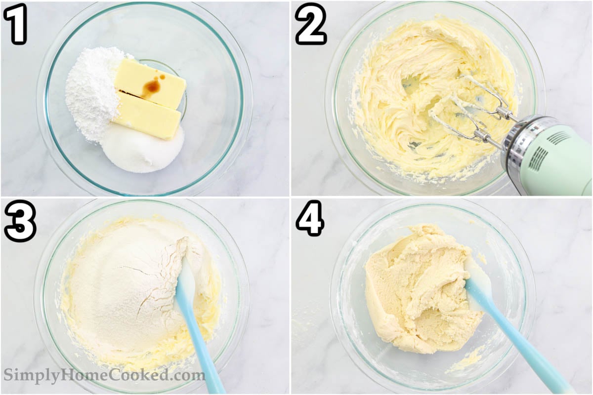 Steps to make Classic Shortbread Cookies: cream the sugars and butter together with a hand mixer, then add the flour and salt.