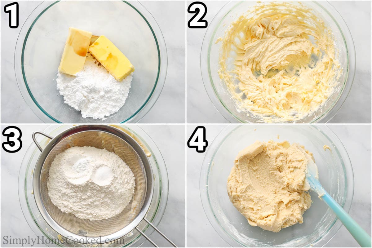 Steps to make Twix Cookies: beat the butter, powdered sugar, and vanilla together, then sift in the flour and baking soda, then mix with a spatula.